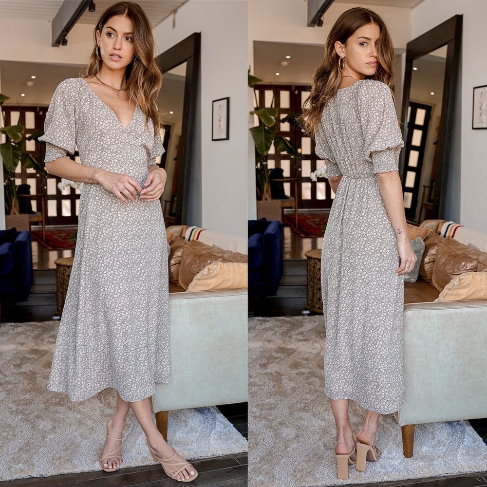 Lulus Times With You Sage Green Floral Print Puff Sleeve Midi Dress Size Medium